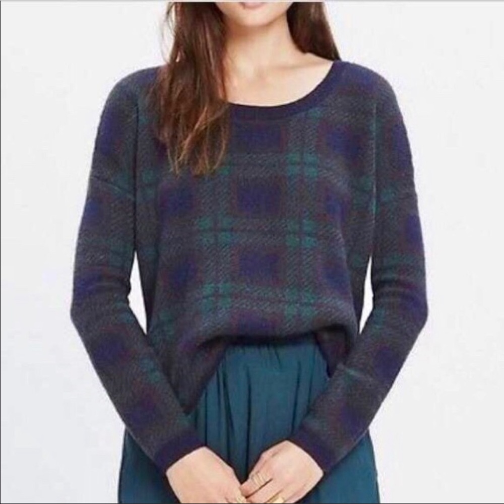 Madewell Tartan Navy Green Plaid Hi Low Sweater S